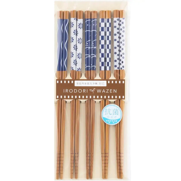Aoba Bamboo Chopsticks Sea Patterns Blue & White 22.5cm (5 Pairs)