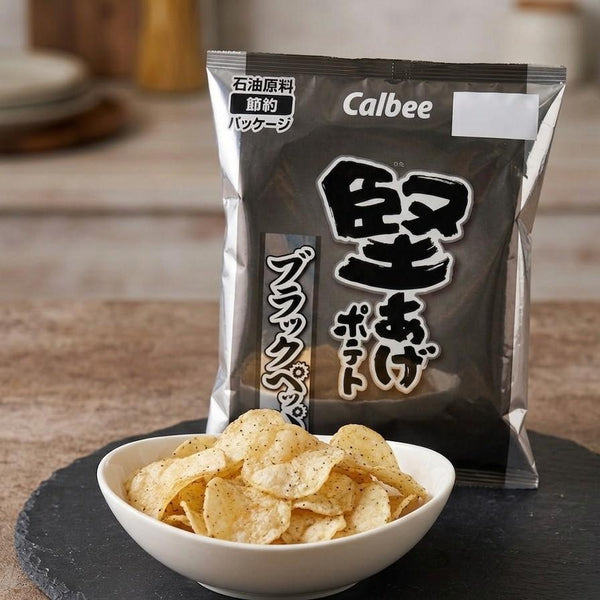 Chips de pommes de terre croustillantes au poivre noir Calbee Kataage 65 g (boîte de 12 sachets)