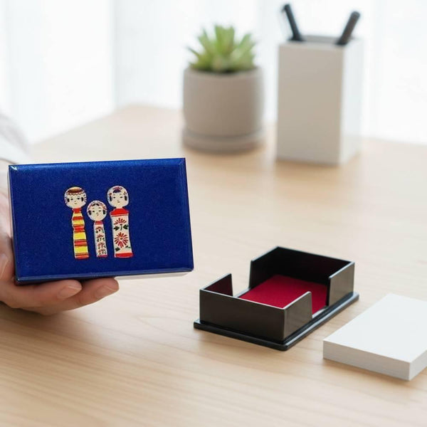Indigo Blue Lacquered Card Holder Case Kokeshi Wooden Dolls Design