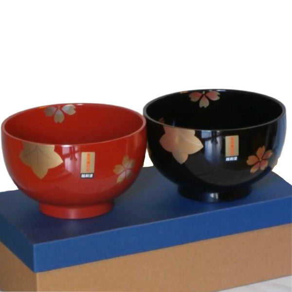 Isuke Japanese Lacquered Soup Bowls Cherry Blossom Design (Set of 2)