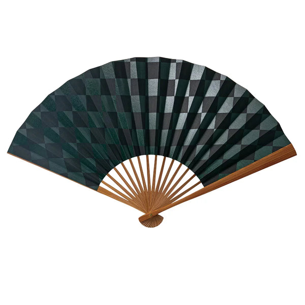 Yamani Black Ichimatsu Pattern Large Japanese Sensu Folding Fan 25.5cm