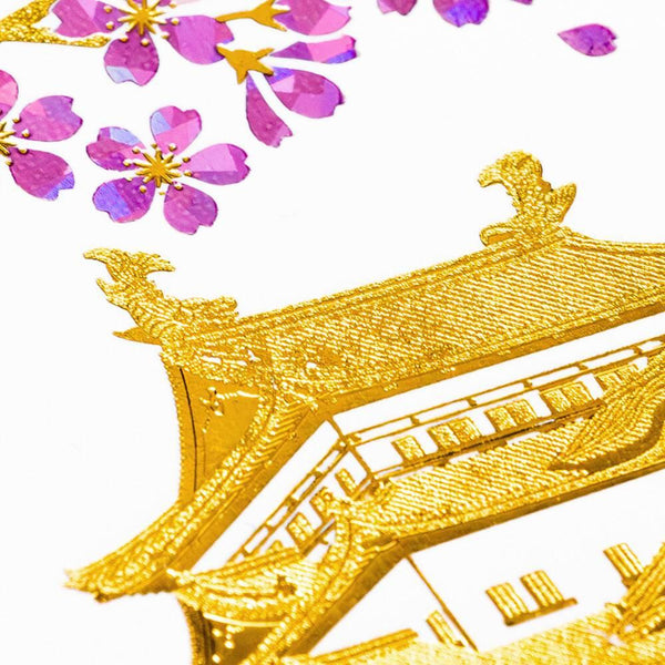 Gold Foil Stamped Postcard Nagoya Castle With Cherry Blossoms