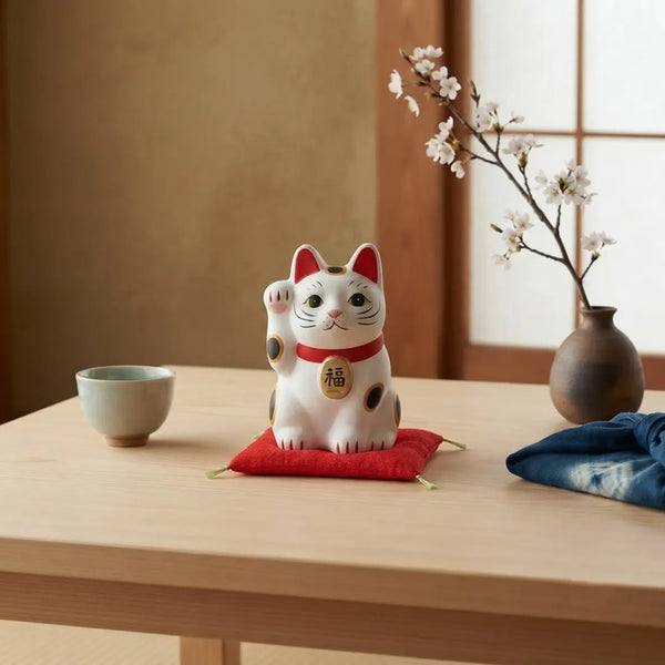 Figurine en céramique japonaise Maneki Neko Lucky Cat faite à la main blanche 8 cm