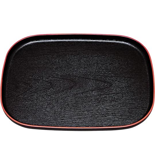 Large Oval Wood Grain Serving Tray Black with Vermilion Rim 36cm
