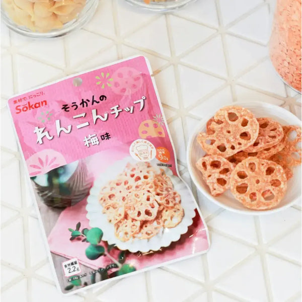 Sokan Ume Renkon Chips Japanese Plum Flavored Lotus Root Chips 18g (Pack of 6)